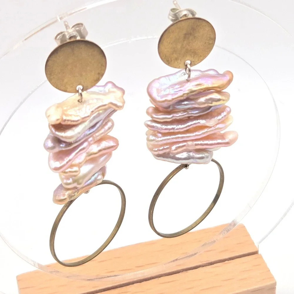 Biwa Freshwater‎ Stick Pearl Stacked Drop Earrings Brass Hoops Modern Artisan